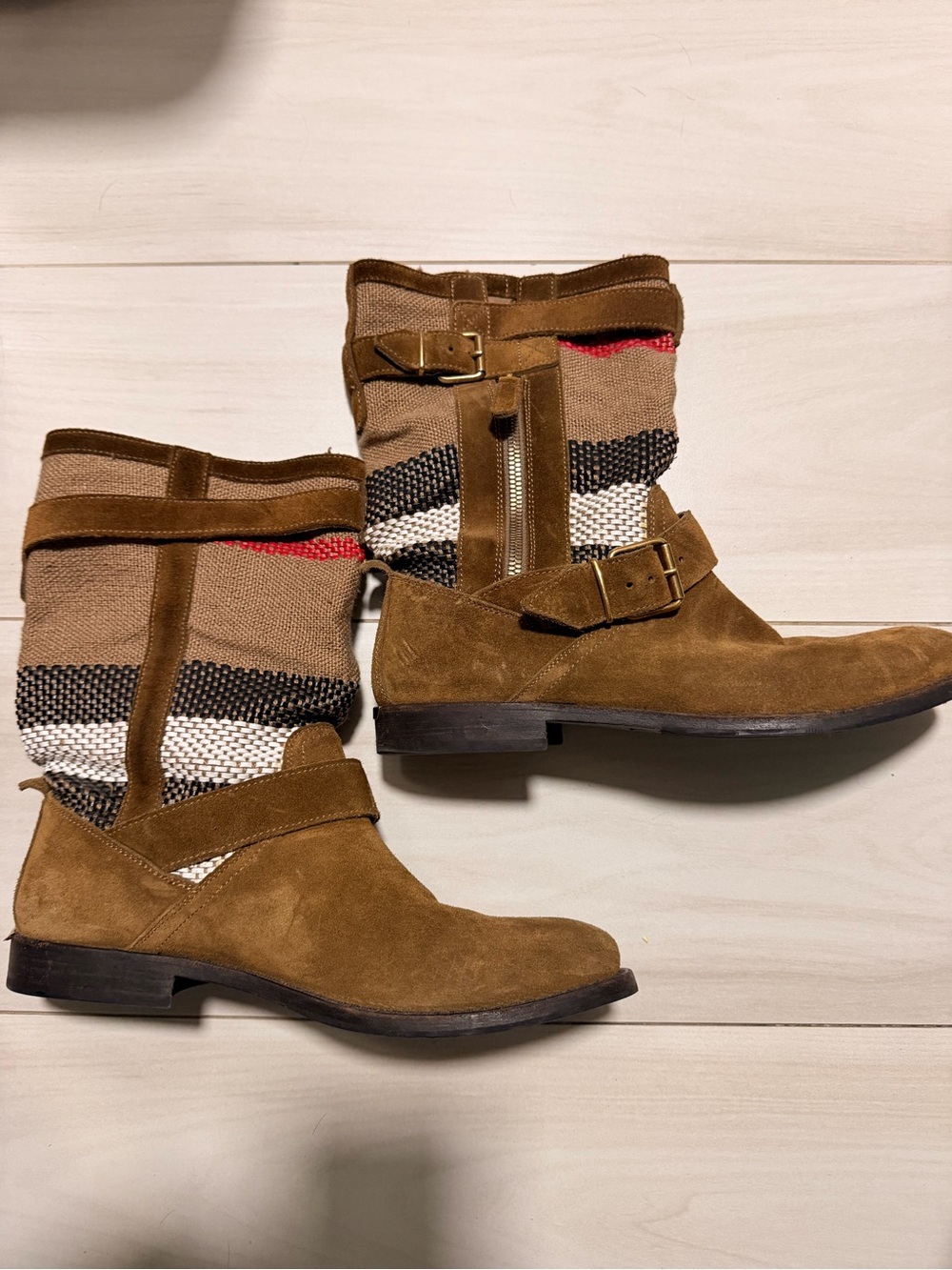 Burberry Brown Suede House Check Knit Engineer Biker Boots Women’s